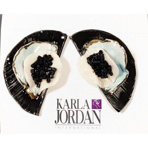 Vintage Karla Jordan Black‎ White Blue Crescent Porcelain 3D Pierced Earrings